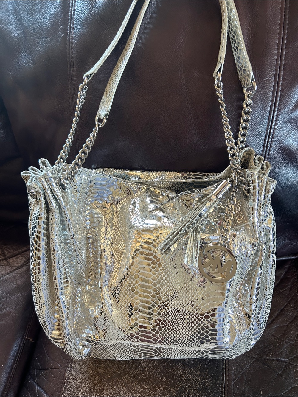 Michael Kors Silver Snake-Embossed Chain Shoulder Bag